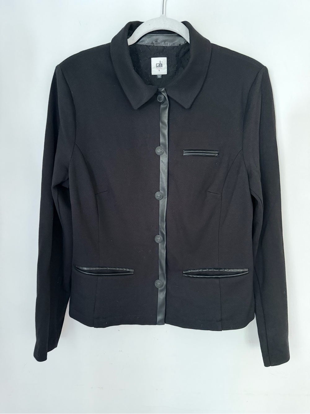 CAbi Tudor Jacket #3376 Black Ponte Knit Faux Leather Trim Size Large